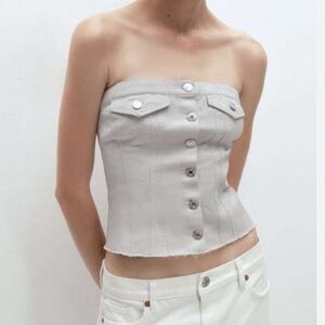 ZARA Metallic Silver Denim Button Front Crop Corset Top